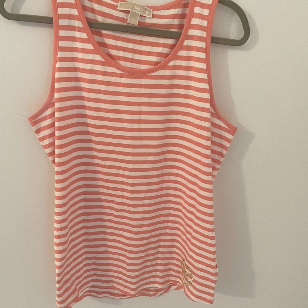 Michael Kors Coral Stripe Tank Top Gold Logo Sleeveless Summer